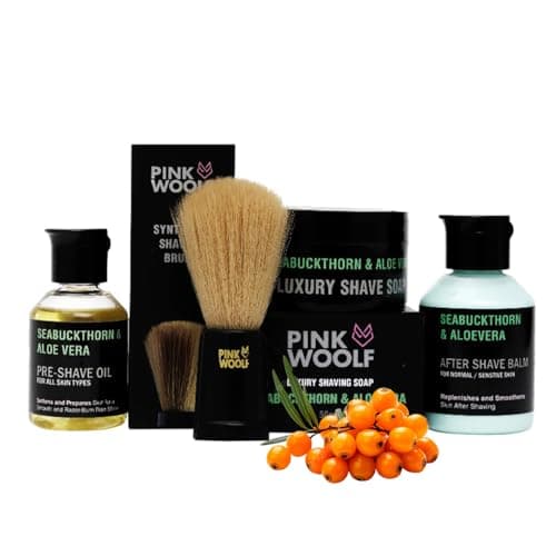 Pink Woolf Travel Shaving Kit For Men (Seabuckthorn & Aloe Vera) | Includes Pre-Shave Oil, Shaving Brush, Shaving Soap & After Shave Balm | Compact Grooming Combo – 50 ml Each (Pack of 4)