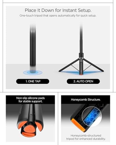 Spigen S582W MagFit Plus MagSafe 66" Extendable Tripod Selfie Stick for iPhone, 360° Rotating Head Bluetooth 5.0 Remote, One Push Opening Magnetic Phone Stand, Universal metal ring included - Black — view 4