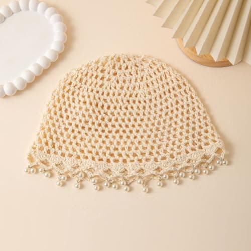 Julpsk Women's Lightweight Handmade Crochet Hat Boho Pearl Trim Beanie Cap for Beach Travel, 2 Beige, One Size — view 3