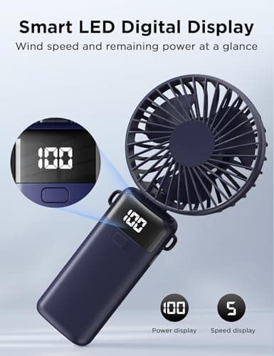 SHAWE Portable Handheld Fan, Hand Held Mini USB Rechargeable Fans with 5 Speeds, LED Display, Foldable Desk Fan Personal Small Desktop Fans for Home Office Bedroom Outdoor Travel — view 4