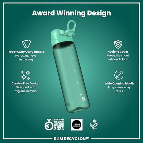 Ion8 Water Bottle, 500 ml/18 oz, Leak Proof, Easy to Open, Secure Lock, Dishwasher Safe, BPA Free, Hygienic Flip Cover, Carry Handle, Fits Cup Holders, Easy Clean, Carbon Neutral, Teal Green — view 6