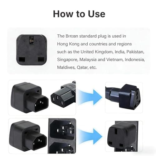 C14 to UK Outlet Socket, 6 Pack, IEC 60320 Plug, IEC 320 C14 Male to UK Female BS1363 Power Cord Connector, 13A 250V Adapter Plug, C13 Socket Conversion Adapter, Black — view 3
