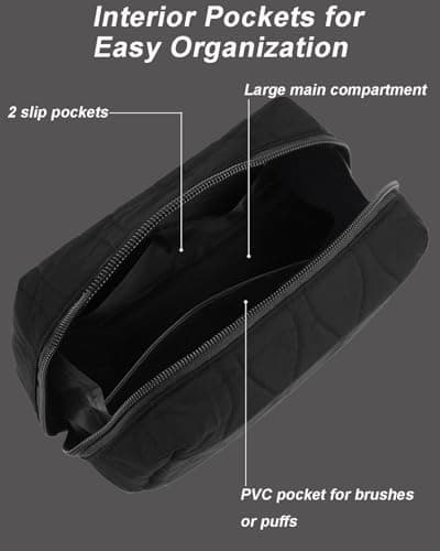Makeup Bag Travel Cosmetic Bag,Large Capacity Makeup Organizer Case,Wide-Open Pouch Purse,Puffy Padded Make Up Bag for Women,Black — view 4