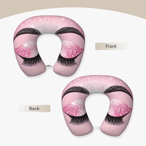 AUGUSTRUSH Memory Foam Neck Pillow - Travel Pillow With Adjustable Clasp, Removable Washable Cover For Airplane Office Car, Ergonomic Support Comfortable U-Shaped Pillow, Rose Gold Eyelashes Print — view 2