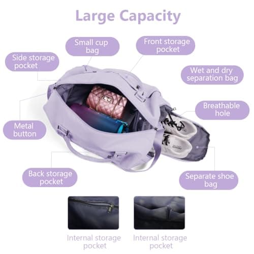 Flintronic Gym Bag, Foldable Travel Duffel Bag for Women, Waterproof Overnight Carry On Bag, Sports Bag with Shoes Compartment and Wet Pocket, Large Holdall Bag for Sports and Travel, Light Purple — view 3