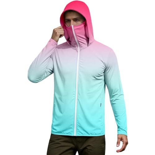 Duohropke UV Shirt Men's Long Sleeve Colour Gradient Shirt Breathable Hiking Shirt Travel Hoodie Quick Drying Rash Guards Sports Shirts with Mask UV Protection Functional Shirt Sun Protection Top