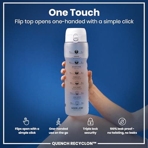 ION8 1 Litre Water Bottle with Times to Drink, Leak Proof, Flip Lid, Carry Handle, Dishwasher Safe, BPA Free, Soft Touch Contoured Grip, Ideal for Gym, Health and Fitness, 32 oz, White — view 3