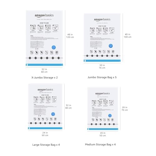 Amazon Basics Vacuum Compression Zipper Storage Bags with Airtight Valve and Hand Pump, 15-Pack, 2x X-Jumbo, 5x Jumbo, 4x (Large, Medium), 15 count (Pack of 1), Multiple, Clear — view 5