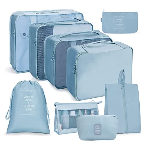 OSDUE Packing Cubes for Suitcases, 9PCS Travel Luggage Packing Organizers Waterproof Travel Essentials Bag Accessories Clothes Shoes Cosmetics Toiletries Storage Bags(Korean Blue)