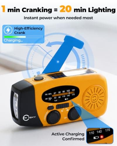 Esky Wind Up Solar Emergency Radio, Portable Hand Crank AM/FM Radio with 2000mAh Rechargeable Power Bank, USB Phone Charger, 3 LED Flashlight, SOS Alarm for Power Outage/Camping/Hiking(Orange) — view 6
