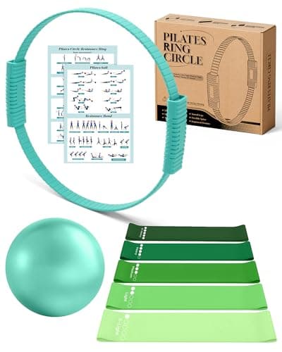 Pilates Ring Set, Home Pilates Kit for Women Pilates Equipment Ring and Ball Set Magic Circle Hoop with 5 Resistance Bands Compact Toning Fitness Essentials Starter Set Accessories (Teal)