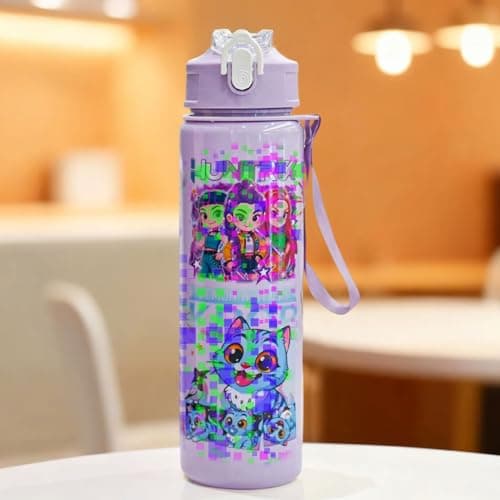 Metaparty 750ML/25OZ Korean Pop Water Bottle with Straw, Kids Water Bottle for Girls with Cartoon Print, Leak-Resistant Drinks Bottle with Handle for School Travel Camping (Purple) — view 4