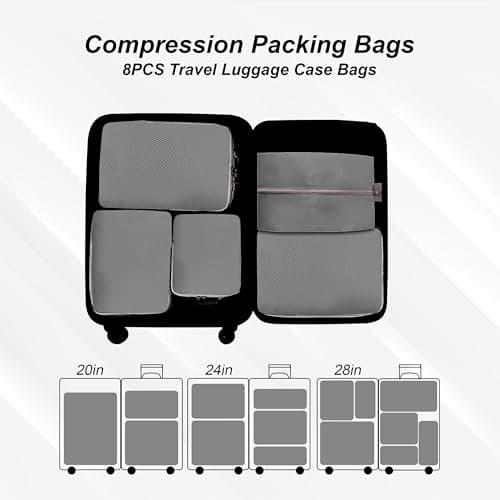 White Hawk 8-Pcs Compression Packing Cubes for Suitcases – Waterproof Diamond Polyester, No Mesh, Space-Saving Luggage Organiser, Travel Bags for Suitcases, Backpacks & Carry-Ons (Gray) — view 6
