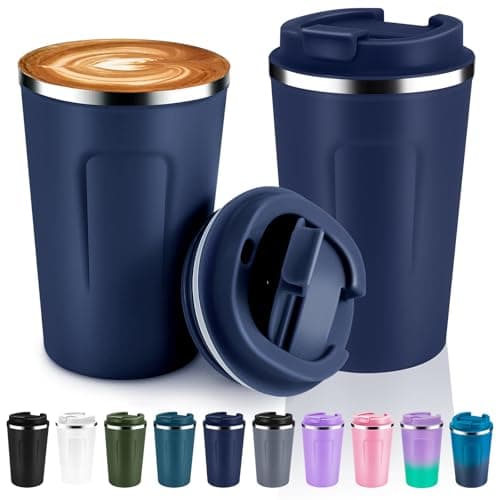 Volhoply 360ml 12oz Double Wall Insulated Vacuum Travel Coffee Mugs with Flip Lid Bulk 2 Pack,Reusable Stainless Steel Leak Proof Coffee Cup,Cafe Thermal Tumbler for Hot & Cold Drinks(Navy,2 Set)