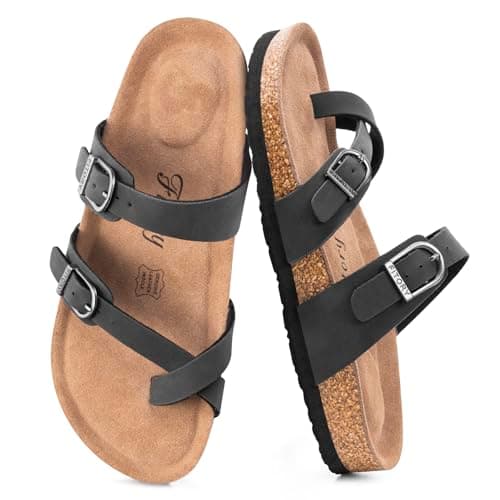 FITORY Women's Leather Sandals Comfort Cork Footbed Matte Black Size 6