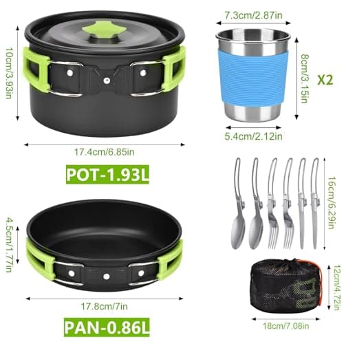 15pcs Camping Cookware Mess Kit,Non-Stick Pot and Pan Set with Kettle Stainless Steel Cups Plates Forks Knives Spoons Lightweight, Fork Spoon Kits for Backpacking, Outdoor Camping Hiking and Picnic — view 2