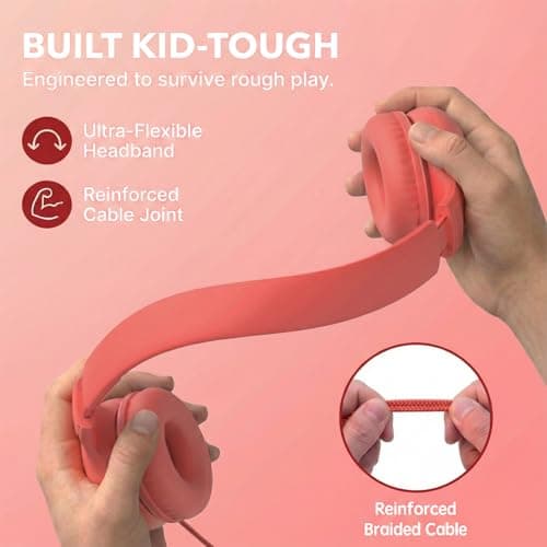 ADOOPE Wired Kids Headphones with USB C Plug, 85dB Safe Volume, Adjustable Headband, Tangle-Free Cord Headphones for School, Tablet, Travel (Coral Red & Soft Peach, Without Microphone) — view 6