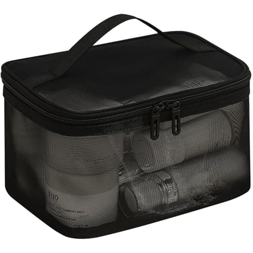 Lizbin Mesh Makeup Bag Travel Toiletry Bag, Portable Mesh Cosmetic Bag Makeup Organizer Bag, Travel Bag with Handl, Mesh Zipper Pouch for Home Office Travel Accessories (Black)