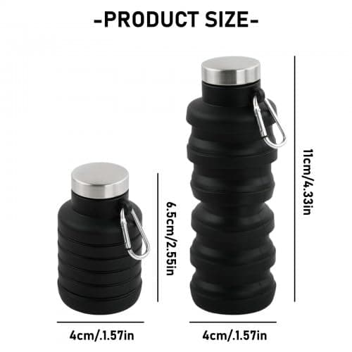 FooYee Collapsible Silicone Water Bottle 500ml, Black Foldable Portable Travel Mug, Reusable BPA Free Folding Water Cup for Outdoor Camping, Hiking, Picnic and Travel — view 2