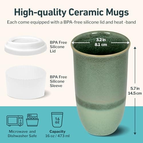 NOVA CERAMICS Travel Mug On The Go Coffee Tumbler Microwave & Dishwasher Safe Green Tumbler - Gifts for Women Men Him Her 475ml Emerald — view 3