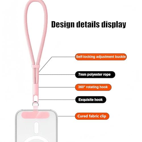 VOAVIA Phone Lanyard,Anti Theft Phone Strap & Wrist Strap for Mobile Ph/one,Hand Wrist Strap with Tether Tabs for Smartphone,Adjustable Security Wristlet for Phones, Cases, Cameras, Keys, Bags（PINK） — view 3