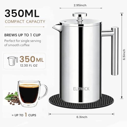 ELDWICK Cafetiere 1 Cup, 350ml French Press Coffee Maker with Color Silver — view 3