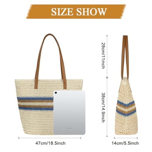 Aucuu Straw Bag, Straw Shoulder Bag for Women, Large Zippered Handbag Tote Bag, Handheld Shoulder Bag, Bohemian Summer Beach Bag for Outdoor Travel and Beach (Off White) — view 4