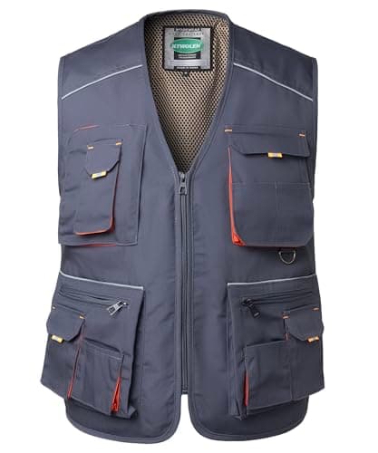 KTWOLEN Men's Work Vest Carpenters Tool Multi-Pocket Safety Vest Construction Mechanics Sleeveless Work Gilet, Grey, L