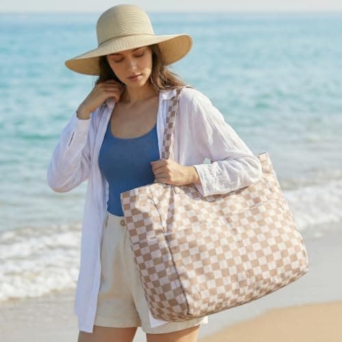 G4Free Large Beach Bag for Women, Waterproof Sandproof Foldable Beach Tote Bags with Zip, Pool Travel Swim Grocery Tote Bags, Brown Plaid — view 2