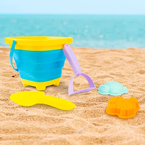 abeec Foldable Beach Bucket and Spade Set for Kids | 5 Piece Collapsible Sand Bucket with Spade, Rake and 2 Moulds | Travel Beach Toys, Holiday Essentials for Children Ages 3+ — view 4