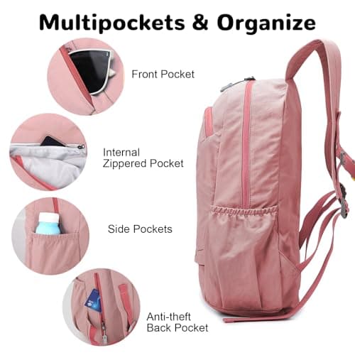 Outplea 25L Hiking Backpack with Wet Pocket for Women, Ultralight Foldable Gym Backpack Packable for Sport Outdoor Travel, Pink — view 4