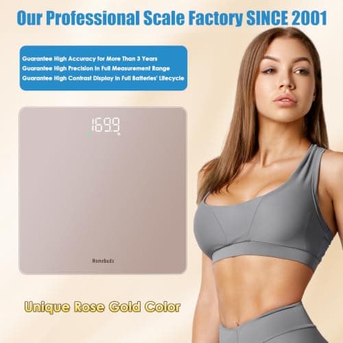 Homebuds Smart Bathroom Scales, High Precision 0.1lb by Our Professional Factory Since 2001, Scales for Body Weight Step-On and Bright LED, App Sync with Weights and BMI, 28st/400lb/182kg, Rose Gold — view 2