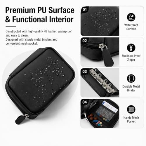 Travel Pill Organiser, Portable Silicone Medicine Storage Bag with 14 Colour Coded Pill Pouches, Black Water-Resistant PU Binder Case for Tablets, Vitamins, Work & Trips (Black) — view 3