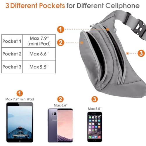 SUPHOSMT 4 Pockets BumBags with 35cm Extended Belt Large Capacity Grey — view 2