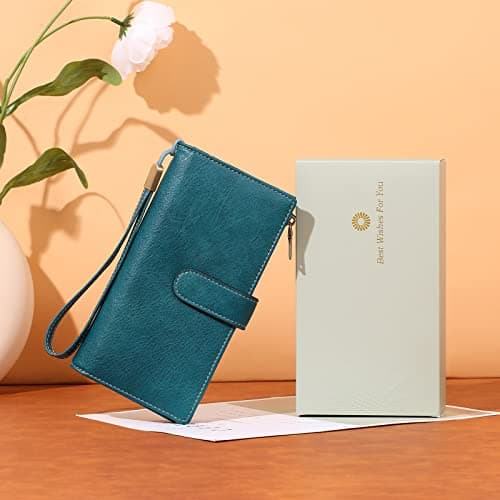 GOIACII Ladies Large Purse Soft Leather Women's Wallet, 2 Zipper Coin Phone Pockets, Detachable Wrist Strap, 5 ID Windows, RFID Blocking Travel Credit Card Holder, Teal — view 6