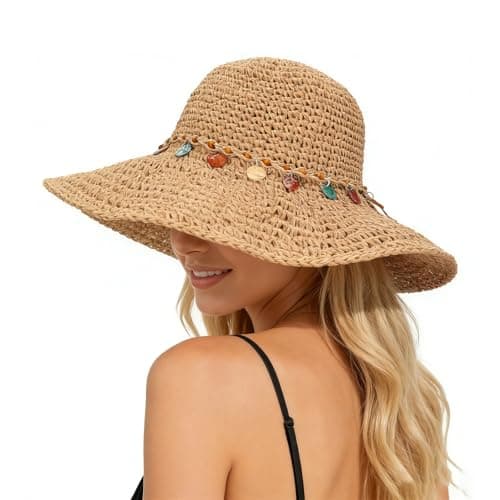 Higijapuf Sun Hats For Women UK, Straw Hat Foldable Summer Cap With UPF 50 Protection, Ladies Sunhat Wide Brim, Beach Headwear With Chin Strap, Packable For Holiday Travel