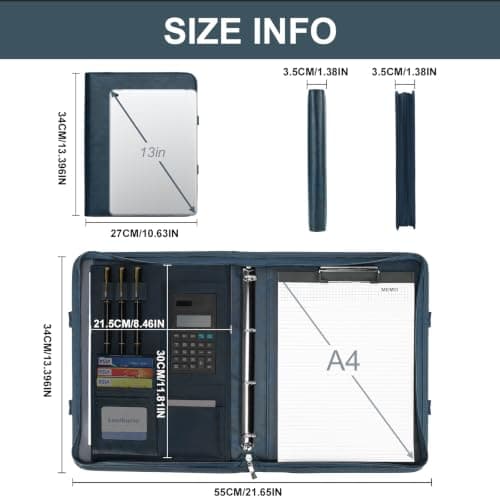 Leathario Portfolio Folder A4, Vegan Leather Conference Folder with Handle, 4-Ring Travel Document Holder with 10 Sheet Protectors, Multi-Pocket Document Folder Organiser, Office Supplies — view 3
