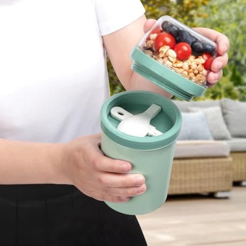 Mitsemmo Cereal Cup On The Go,600ml+270ml Breakfast Pots to Go,Yogurt and Granola Pot,Muesli Cup Travel Bowl and Milk Container for Work,Overnight Oats Jar with Lid & Spoon(Nordic Green) — view 4