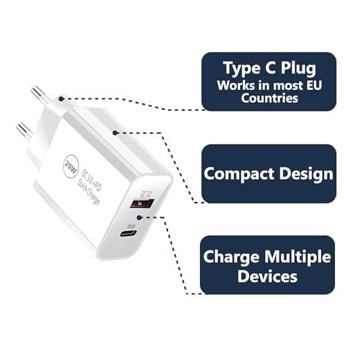Pipestation® EU 2 Pin to USB and PD Plug Travel Adapter Charger | Euro Wall Adaptor with 1 USB-A Port and 1 USB-C Port | European Universal Power Charging compatible with iPhone Samsung Smartphone — view 6
