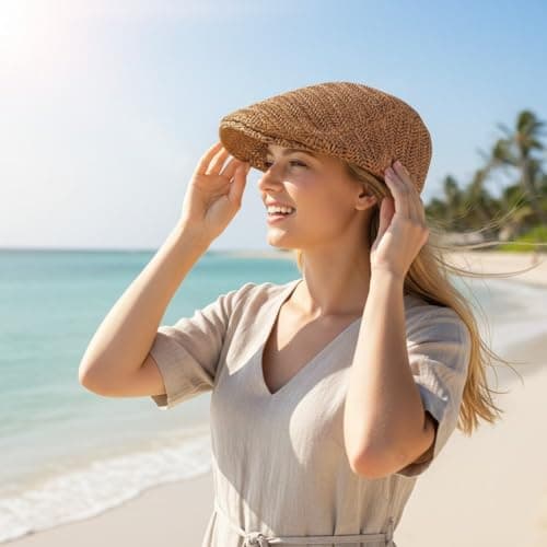 Vobumix Straw Newsboy Cap Vintage Painter Hat Travel Flat Cap for Summer Holiday Vacation Beach Sun Protection Accessories — view 6