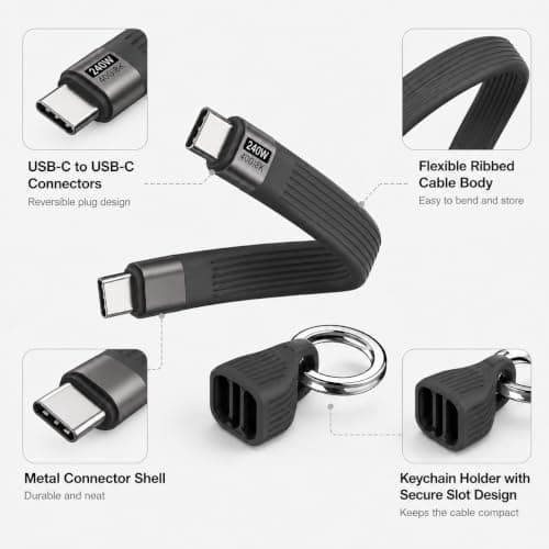 LANQEAOR 240W USB C to USB C Cable, Portable Keychain Type C Fast Charging Cable, Short PD Charging Data Cable for Phones, Tablets, Laptops, Travel and Everyday Carry (Black) — view 4