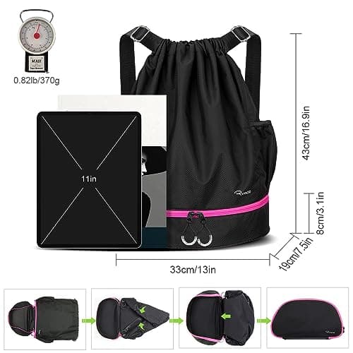 RYACO Drawstring Backpack Sports Gym Bag, Water Resistant String Sackpack Large Size with Zipper and Water Bottle Mesh Pockets for Gym Shopping Sport Yoga School Swimming Beach (Black & Pink) — view 4