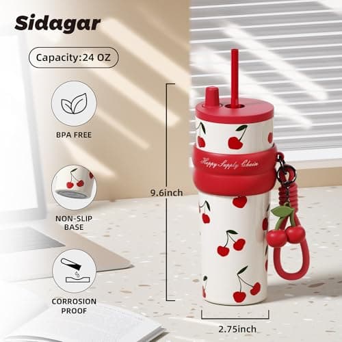 Sidagar 24 oz Insulated Tumbler witn Lid and Straw, Stainless Steel Reusable Leak Proof Water Bottle, Travel Portable Coffee Mug for Hot and Cold, Thermal Cup for Women, Cherry — view 2