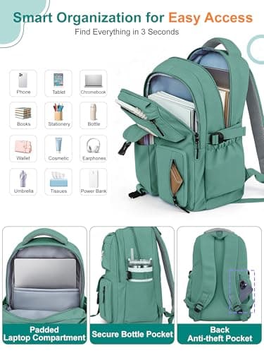 FIORETTO Lightweight School Backpack Womens, Cute School Bag for Teenager Girls, 15.6 Laptop Rucksack Backpack for School Casual Daypacks Travel Backpack for College Work Dark Green 25L — view 4