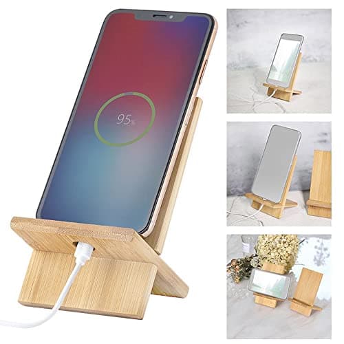 FadyDail Bamboo Mobile Phone Stand with Charging Hole, Detachable Wood Cell Phone Holder Desk Tablet Stand Wooden Desktop Dock Cradle for iPhone iPad and All Phones — view 3