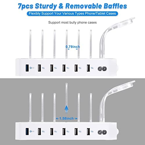 PRITEK Charging Station with 8pcs Short Charge Cables, 60W 6 Ports USB Charger Station Desktop Organizer Charging Dock Compatible for Phone Tablet Multiple Electronic Devices (White) — view 6