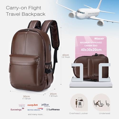 SPAHER Cabin Bag 40x30x20cm Wizzair Vueling PU Leather Travel Cabin Backpack Men Women Waterproof Laptop Backpack 15.6 Inch Rucksack Underseat Carry on Luggage for Flight Airplane — view 3
