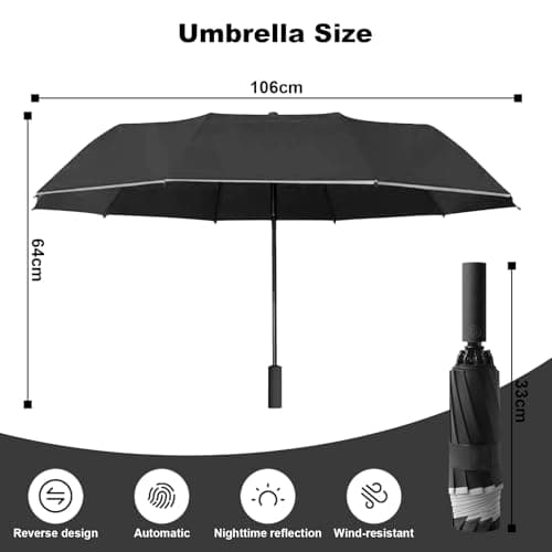 FANSEZQ Stormproof Inverted Umbrella - Automatic Open Close, 40 Ribs Heavy Duty Compact Folding Umbrella, ø 105 Cm Uv Protection Rain Umbrella For Men And Women (Black) — view 2