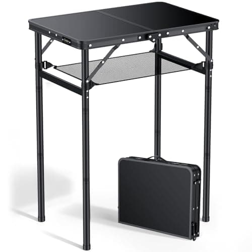 Anbte 2ft Folding Camping Table Max 74 cm, 3 Adjustable Heights Aluminum Small Folding Table with Storage Net & Portable Handle, Lightweight, for Travel Outdoor Beach Picnic Indoor, 60 x 40 cm, Black