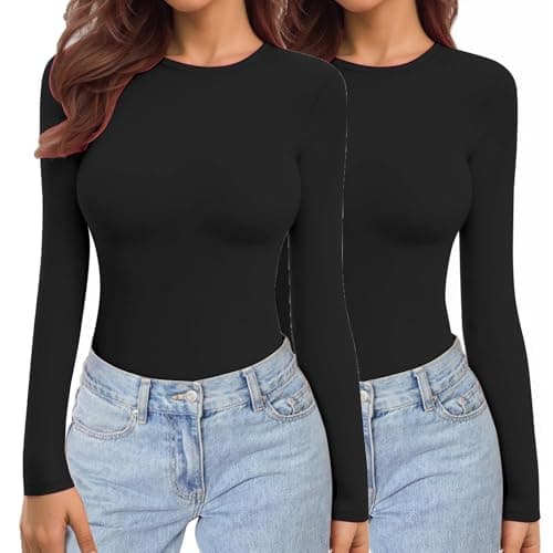 Ekouaer Womens 2 Pack Long Sleeve Tops Thermal Shirts Black+Black M